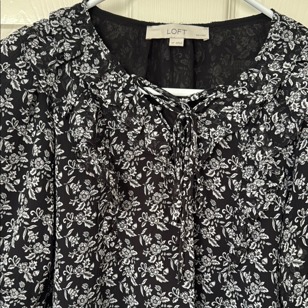 LOFT Black and White Tie Front Blouse with Bib Collar